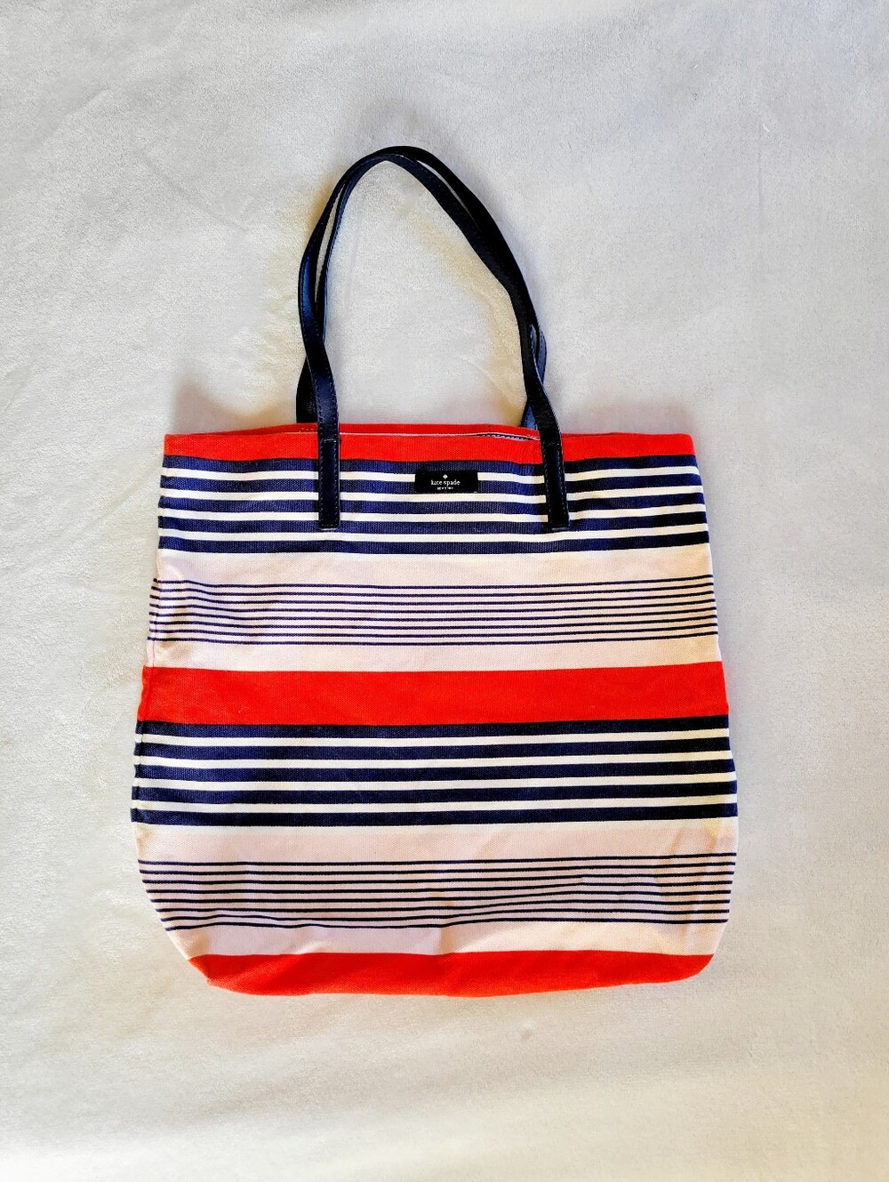 Kate Spade NY Bon Shopper Canvas Stripe Tote Shoulder Bag Red Navy Pink
